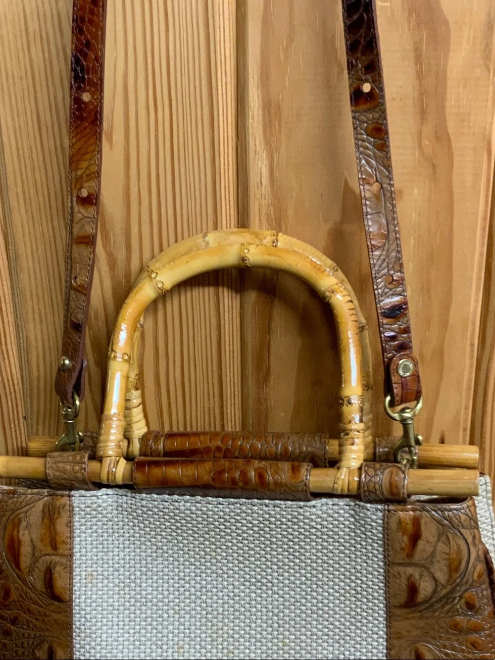 Brahmin Brown & Cream Leather-Trim Crossbody Bag with Bamboo Handles
